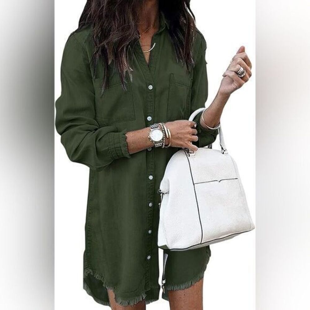 Olive Green Button Up Shirt Dress Size XL